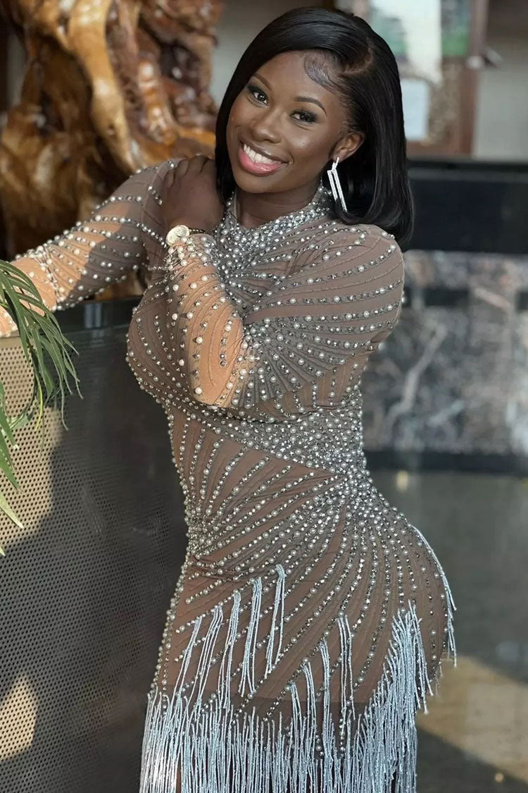 Mesh High Neck Long Sleeve Rhinestone Fringe Mini Dress
