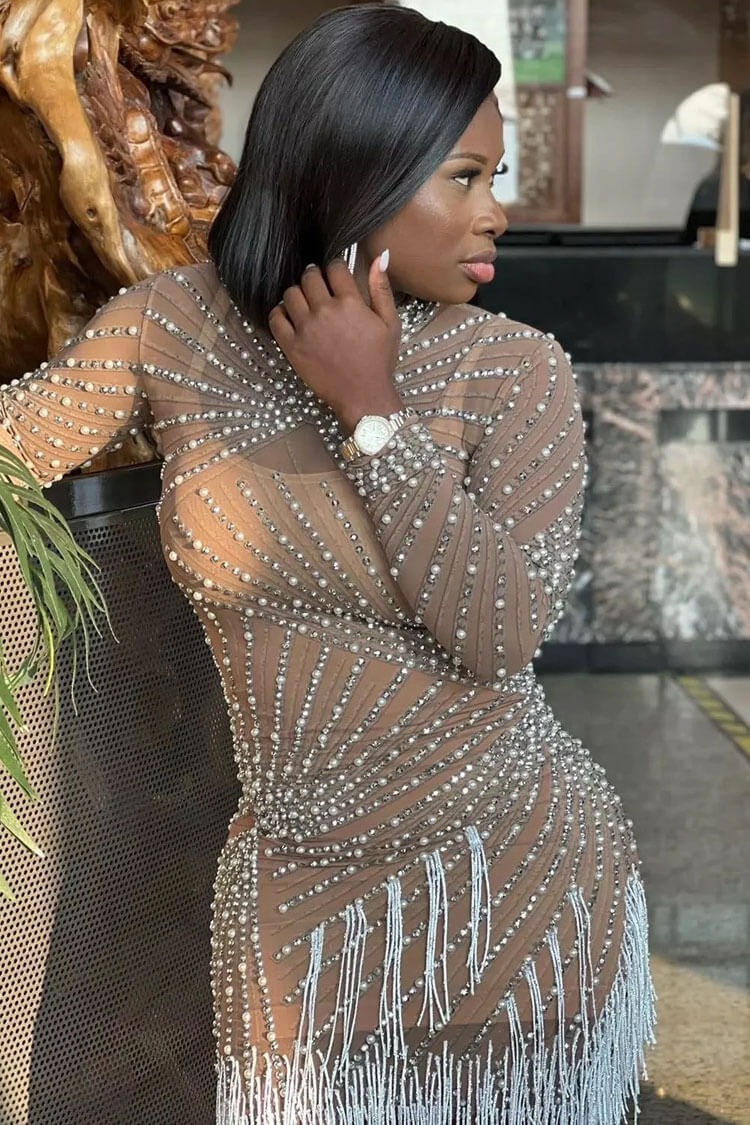 Mesh High Neck Long Sleeve Rhinestone Fringe Mini Dress