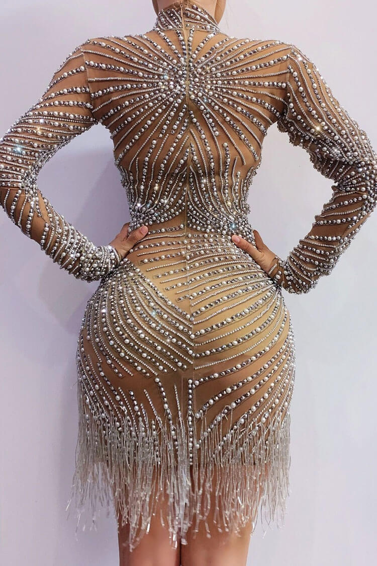Mesh High Neck Long Sleeve Rhinestone Fringe Mini Dress