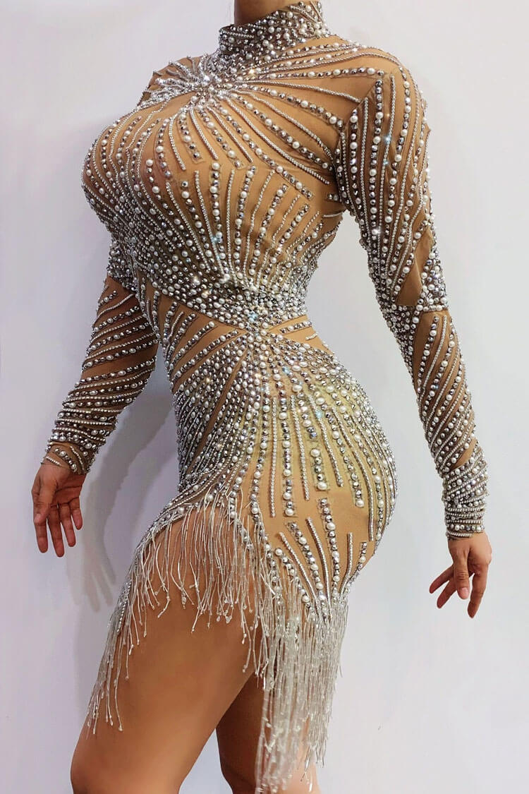 Mesh High Neck Long Sleeve Rhinestone Fringe Mini Dress