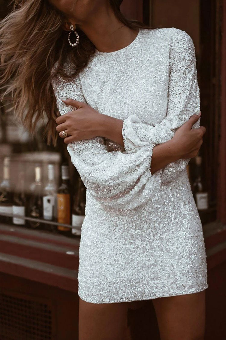 Sequin Round Neck Puff Sleeve Bodycon Mini Dress