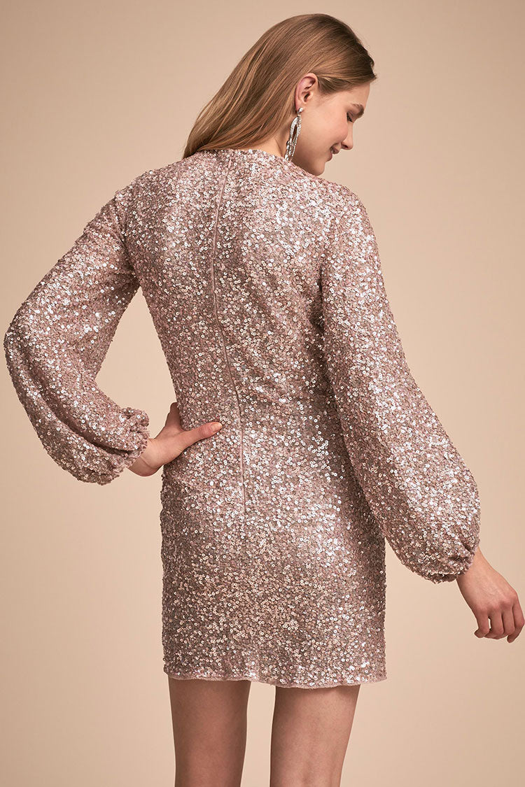 Sequin High Neck Long Sleeve Bodycon Mini Party Dress