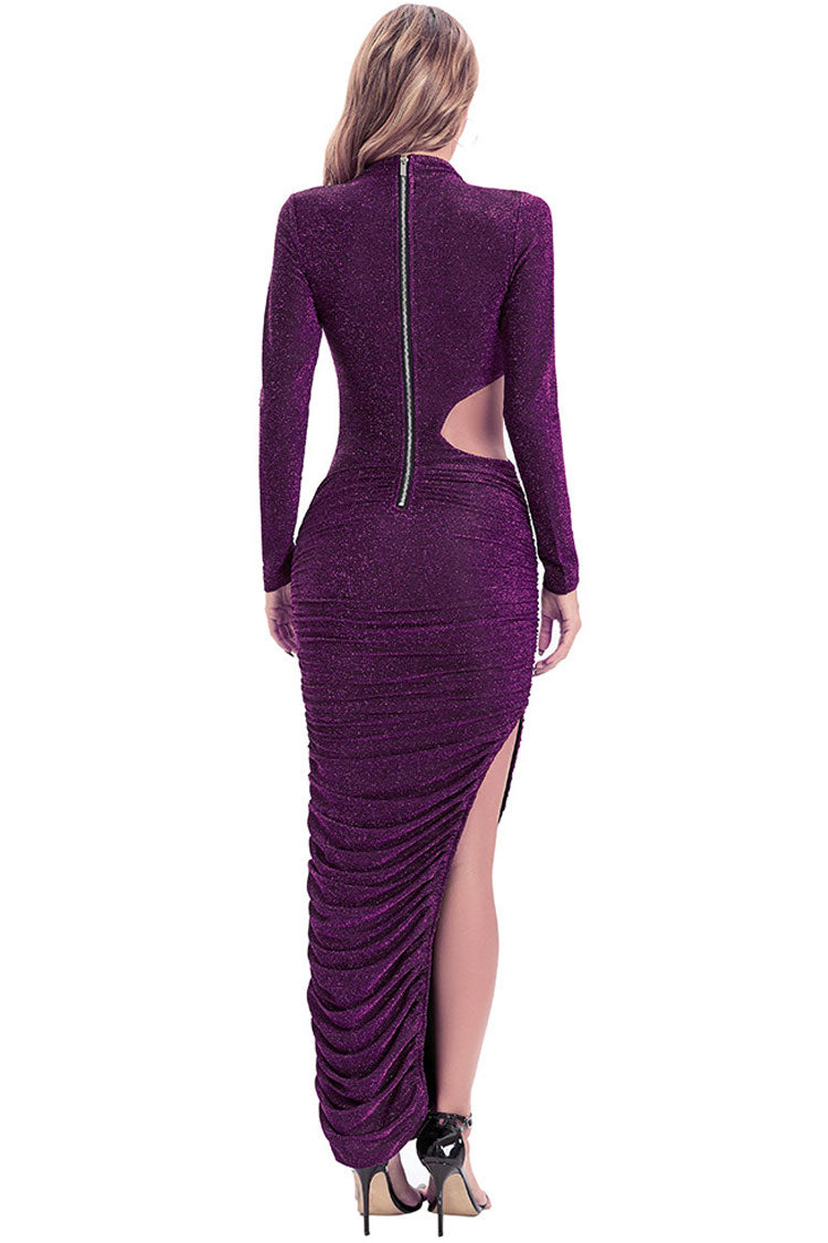 Glitter Long Sleeve Ruched Cut Out High Split Bodycon Maxi Dress
