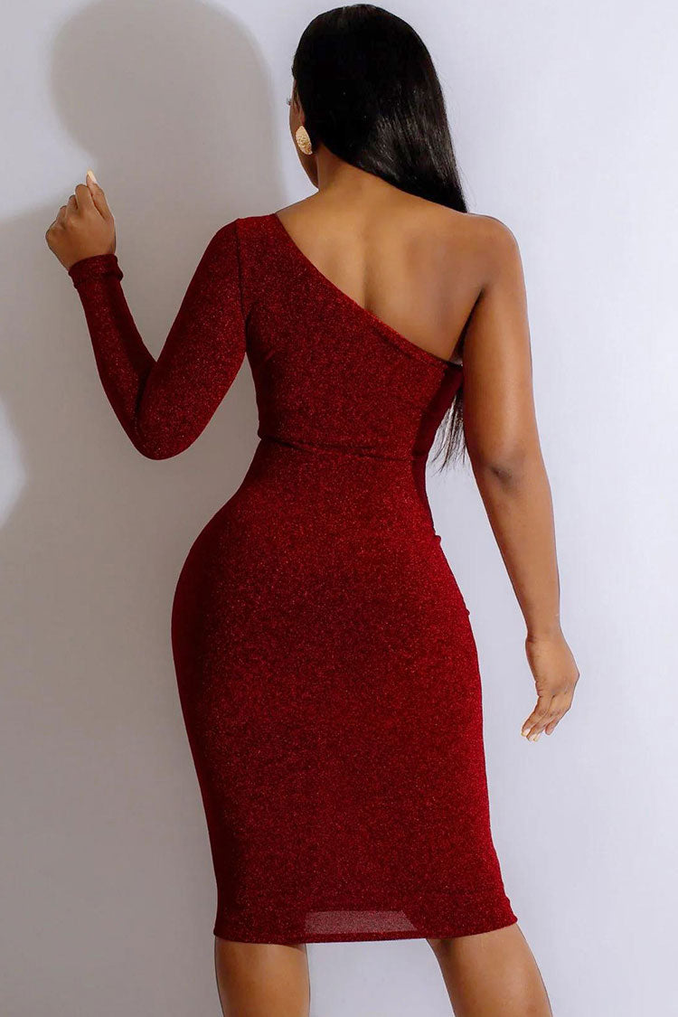 Lurex One Shoulder Long Sleeve Cut Out Bodycon Midi Dress