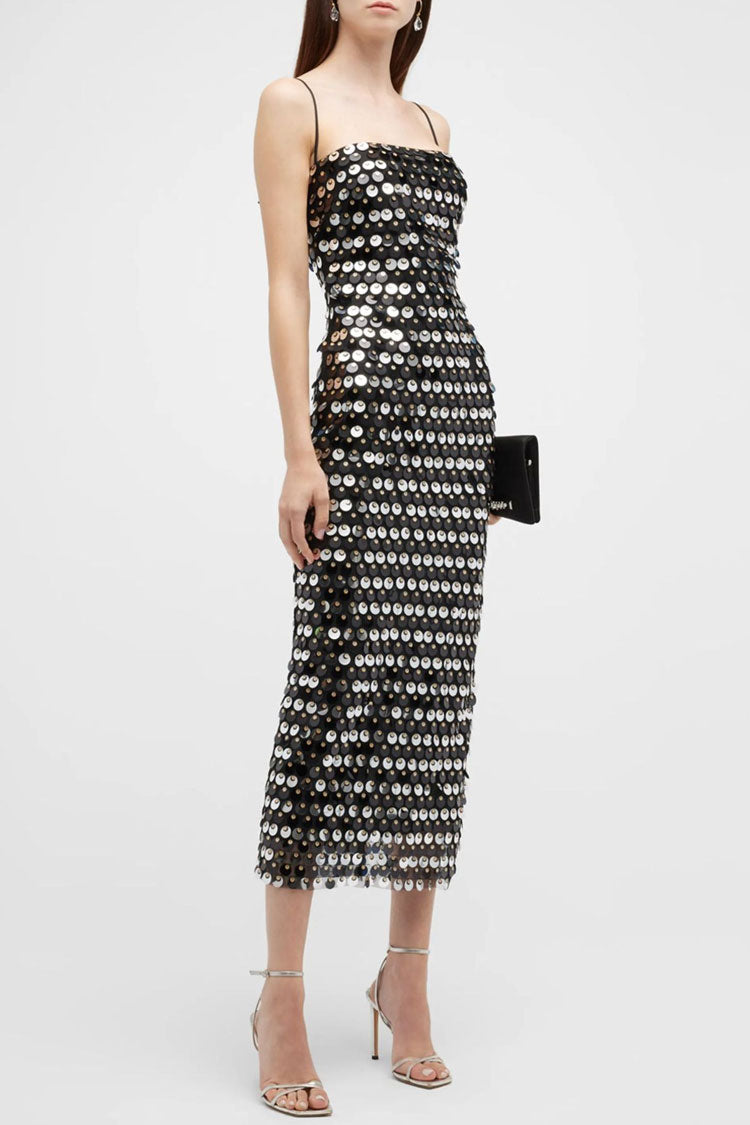 Sequin Square Neck Spaghetti Strap Bodycon Midi Dress