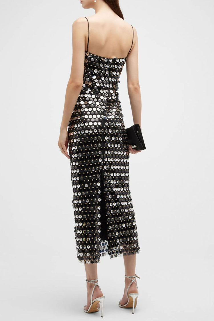 Sequin Square Neck Spaghetti Strap Bodycon Midi Dress