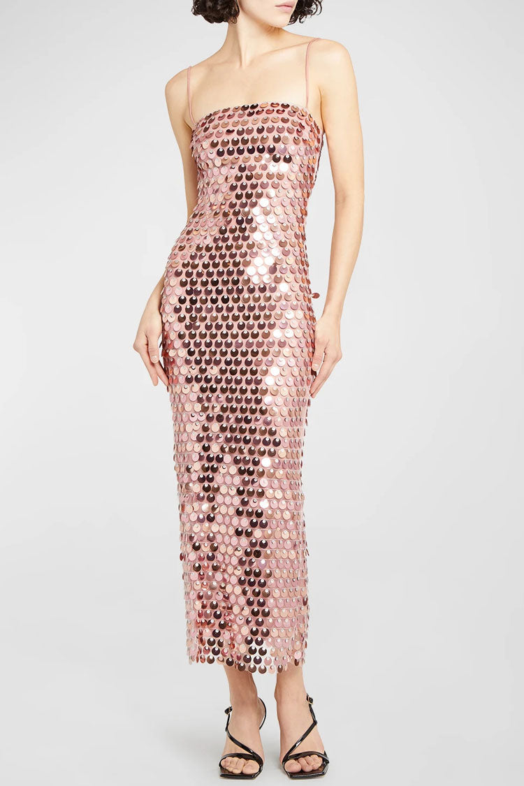 Sequin Square Neck Spaghetti Strap Bodycon Midi Dress