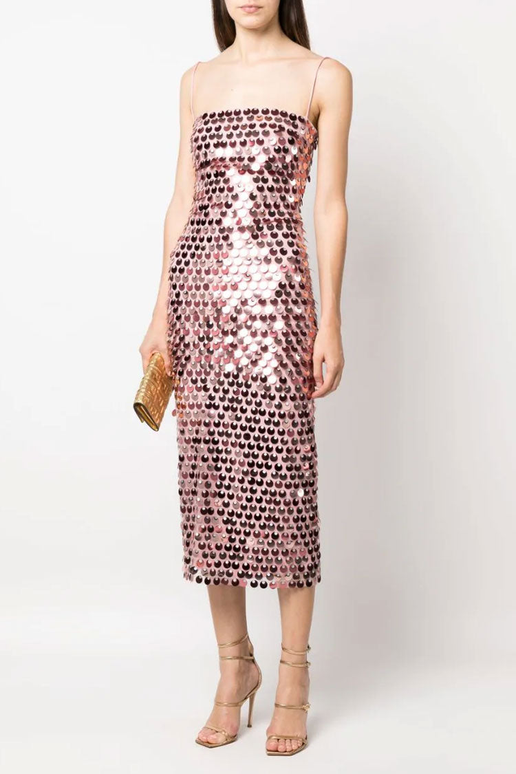 Sequin Square Neck Spaghetti Strap Bodycon Midi Dress