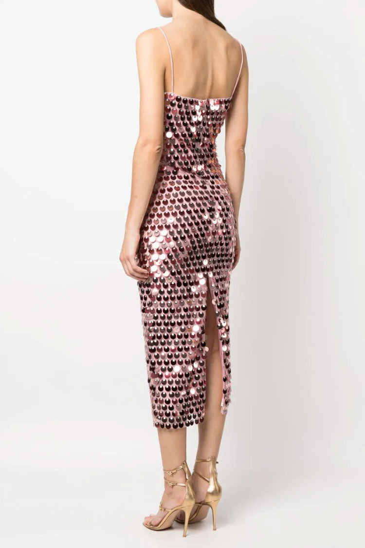 Sequin Square Neck Spaghetti Strap Bodycon Midi Dress