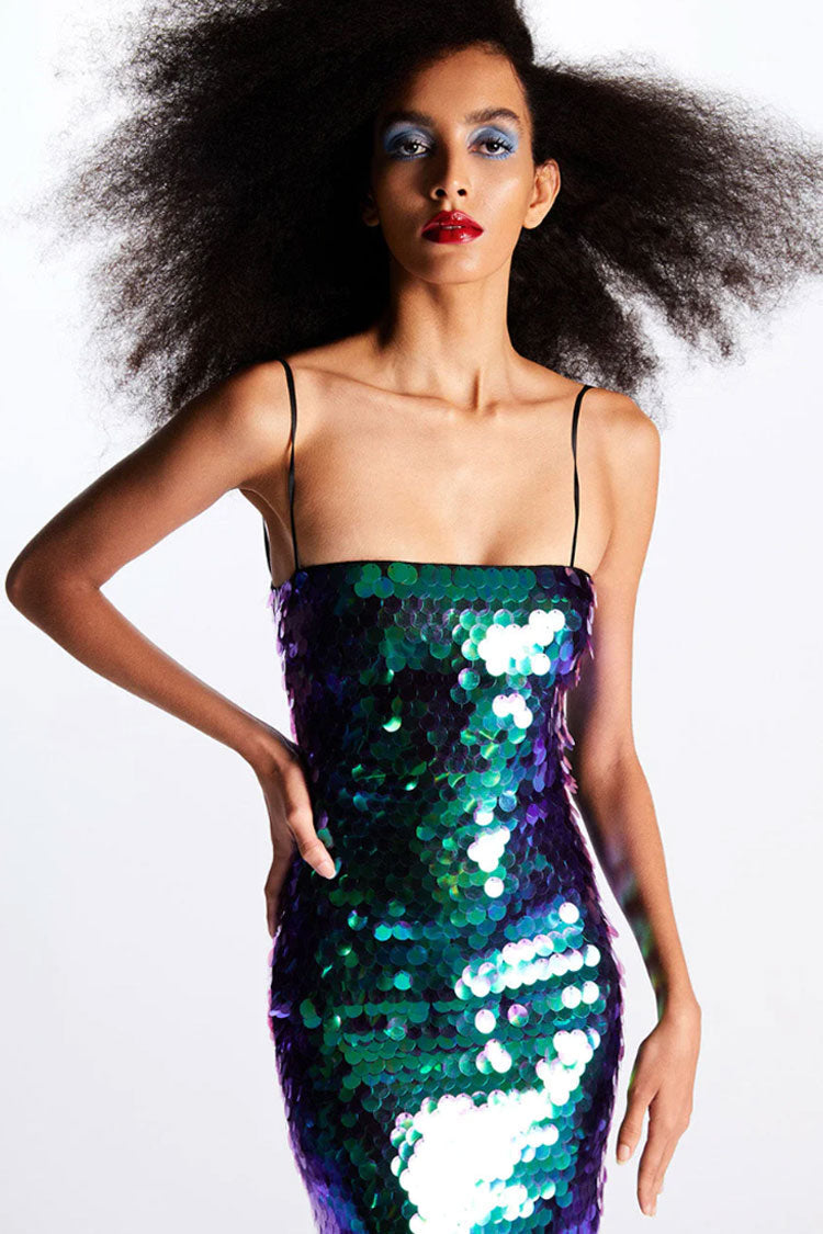 Sequin Spaghetti Strap Straight Neck Bodycon Midi Dress
