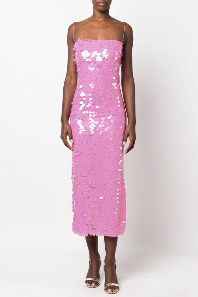 Sequin Square Neck Spaghetti Strap Bodycon Midi Dress