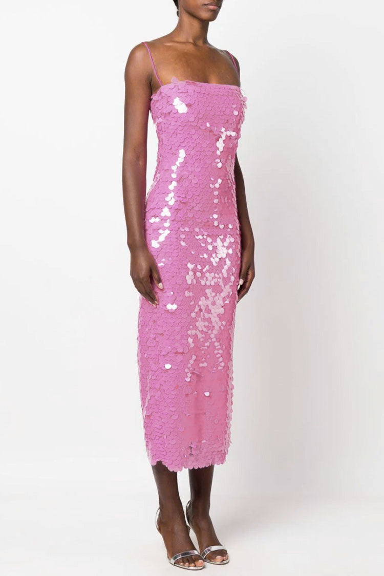 Sequin Square Neck Spaghetti Strap Bodycon Midi Dress