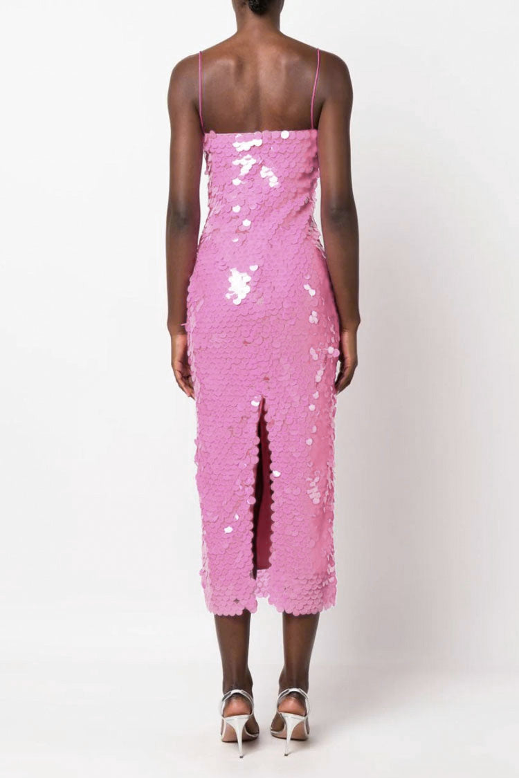 Sequin Square Neck Spaghetti Strap Bodycon Midi Dress