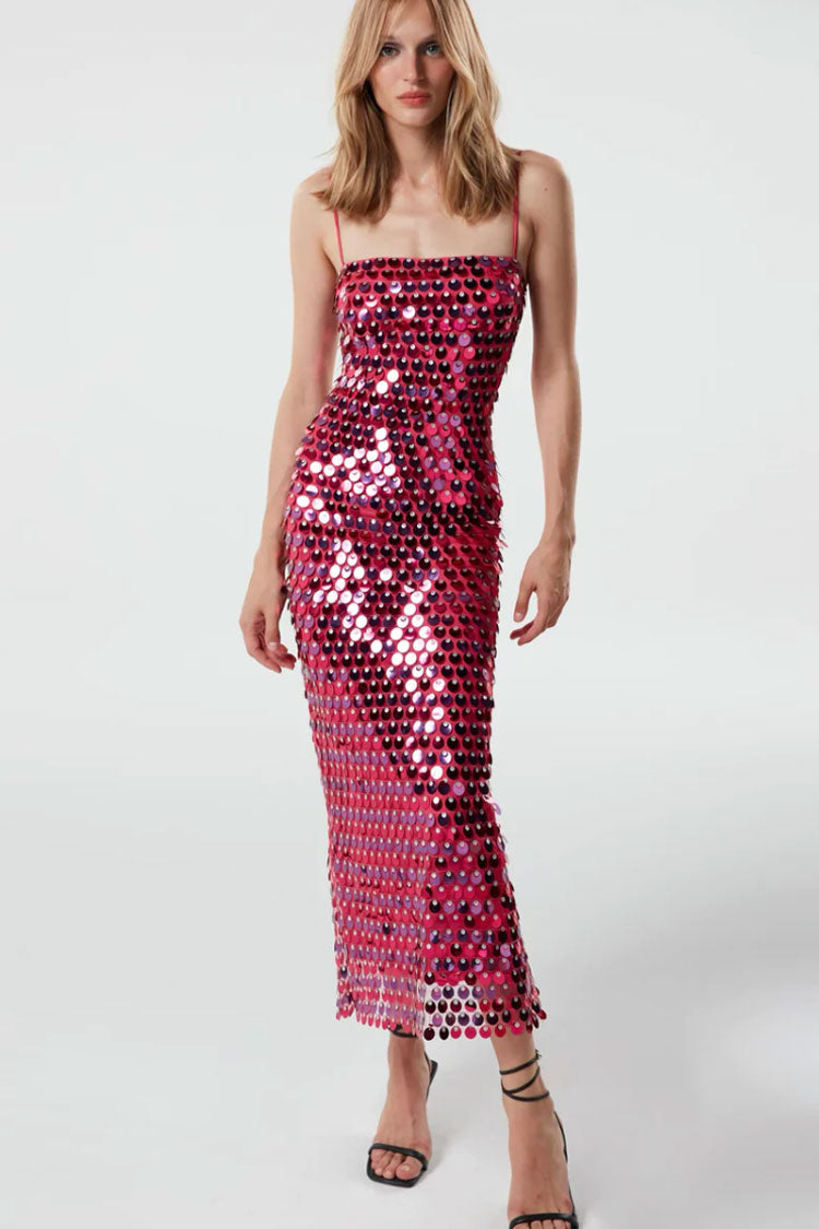 Sequin Spaghetti Strap Straight Neck Bodycon Midi Dress