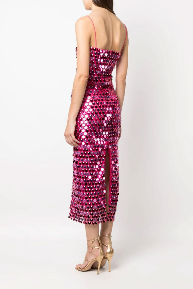 Sequin Spaghetti Strap Straight Neck Bodycon Midi Dress