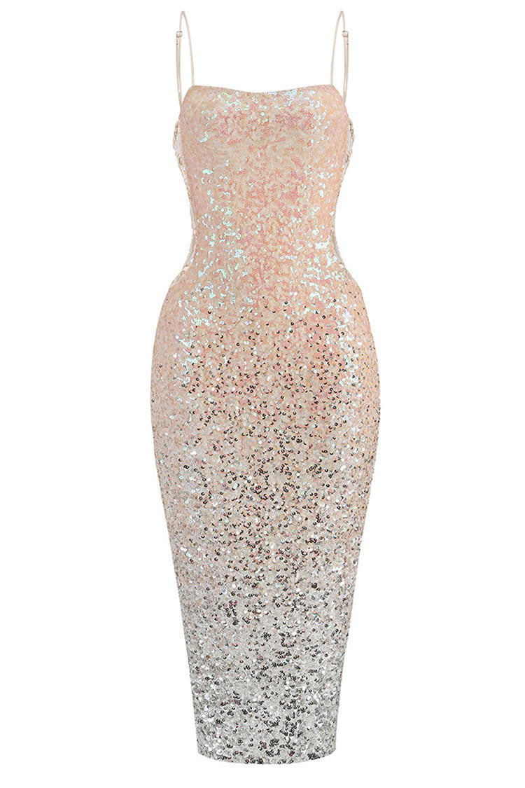 Ombre Sequin Square Neck Spaghetti Strap Mermaid Midi Dress