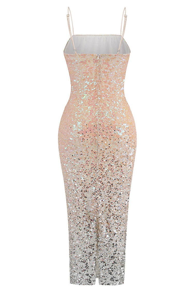 Ombre Sequin Square Neck Spaghetti Strap Mermaid Midi Dress