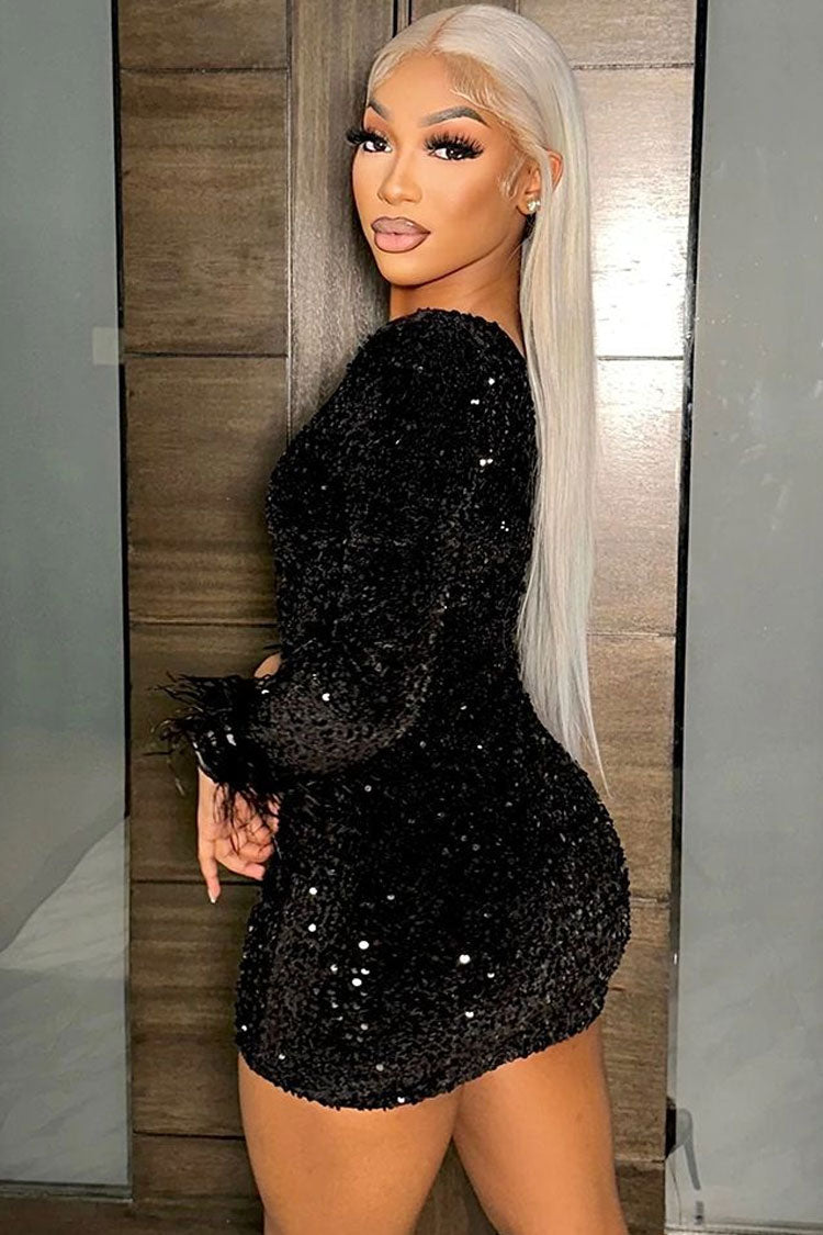 Sequin One Shoulder Long Sleeve Feather Cuff Bodycon Mini Party Dress