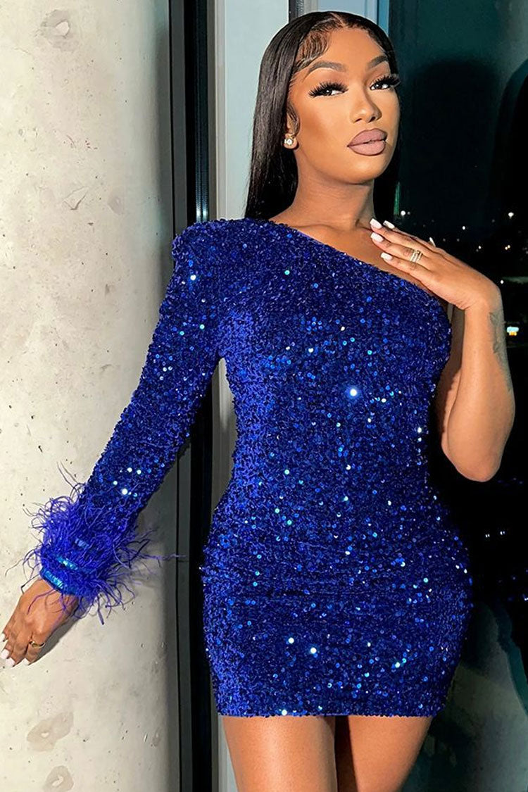 Sequin One Shoulder Long Sleeve Feather Cuff Bodycon Mini Party Dress