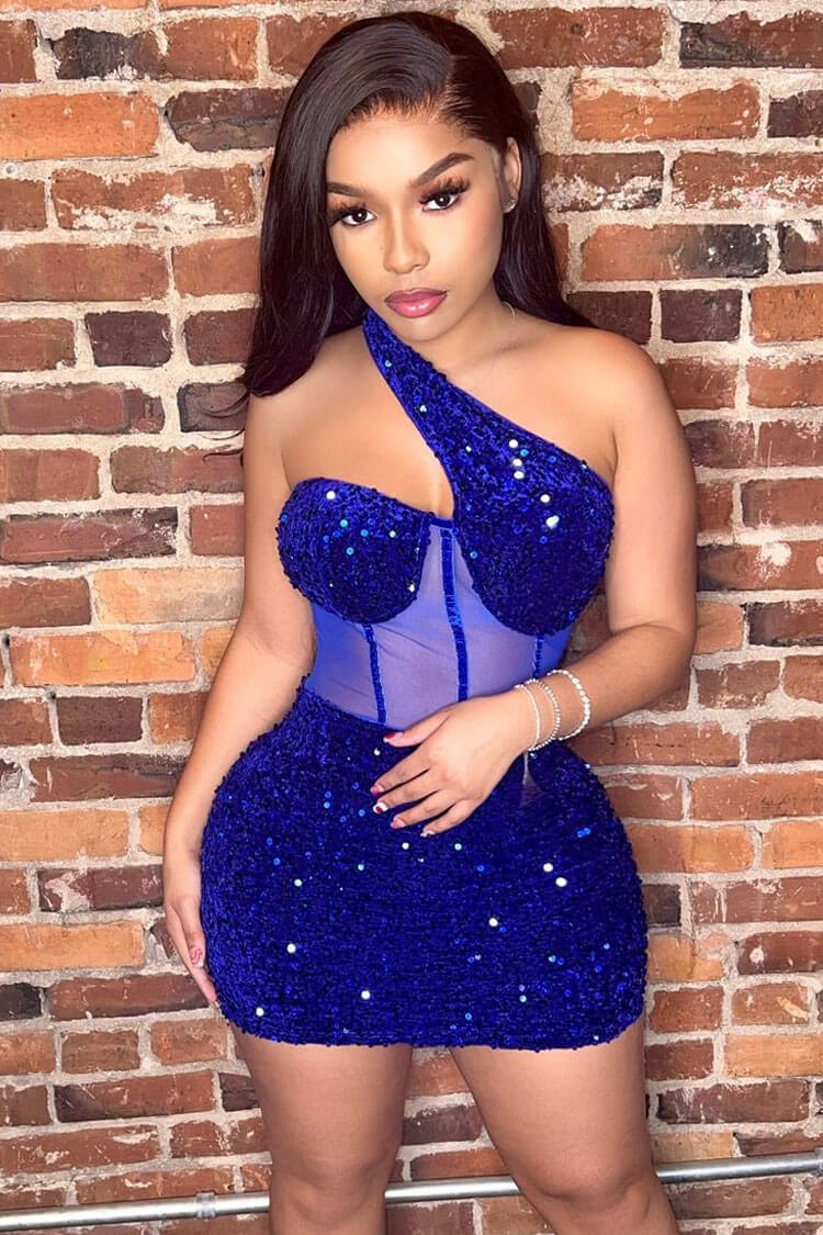 Sequin One Shoulder Cut Out Corset Bodycon Mini Dress