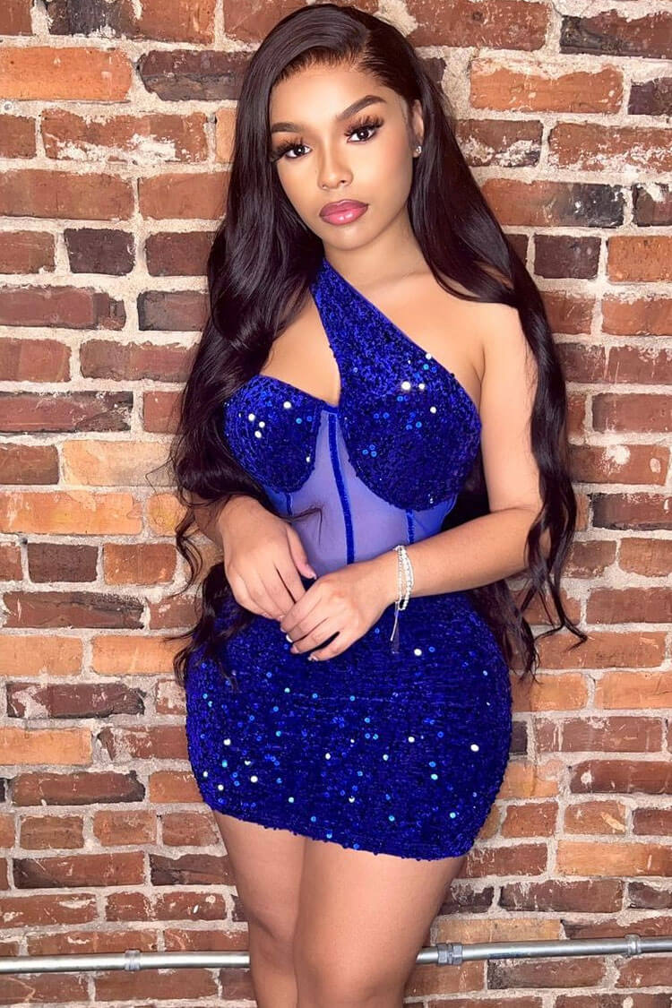 Sequin One Shoulder Cut Out Corset Bodycon Mini Dress