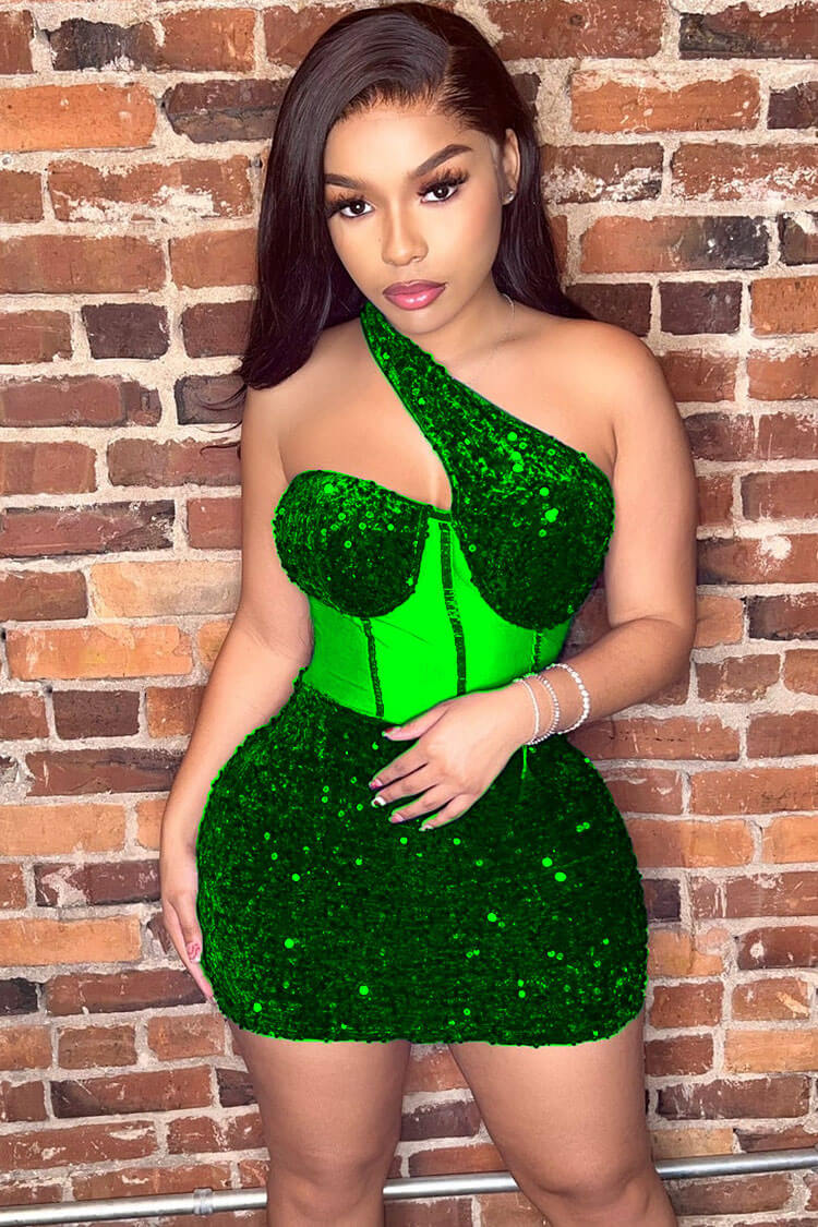 One Shoulder Sequin Bustier Bodycon Party Mini Dress