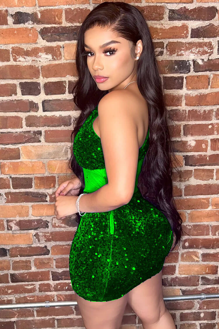 One Shoulder Sequin Bustier Bodycon Party Mini Dress