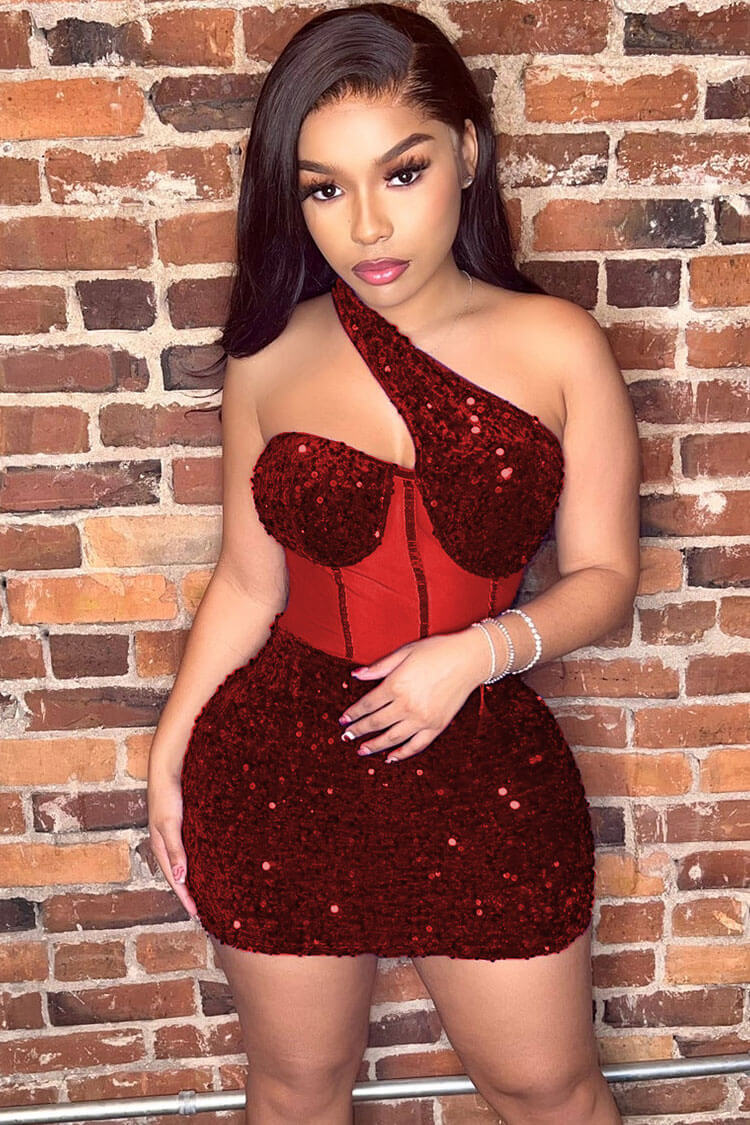 One Shoulder Sequin Bustier Bodycon Party Mini Dress