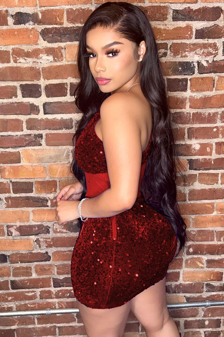 One Shoulder Sequin Bustier Bodycon Party Mini Dress