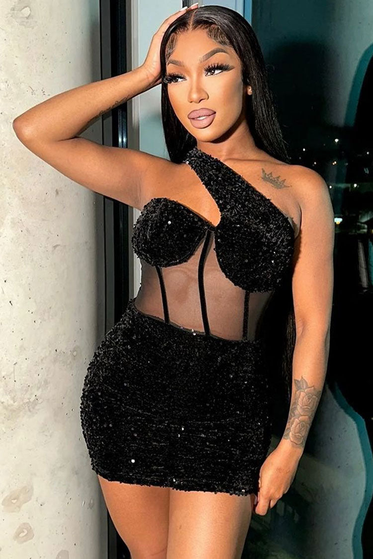 Sequin One Shoulder Cut Out Corset Bodycon Mini Dress