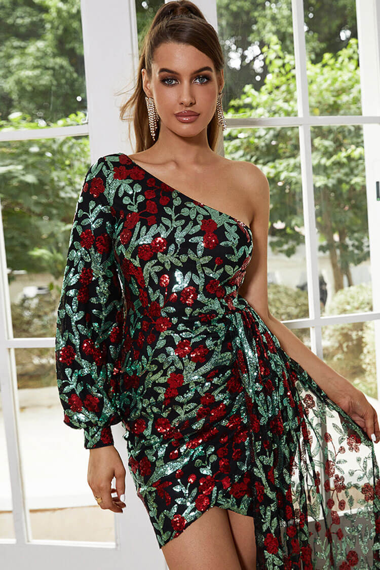 Floral Sequin One Shoulder Long Sleeve High Low Party Dress