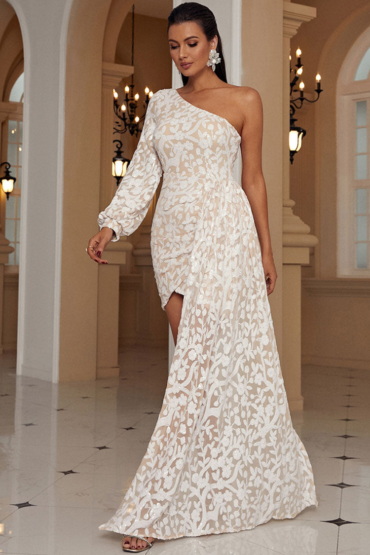 Sequin Floral One Shoulder Long Sleeve High Split Maxi Gown