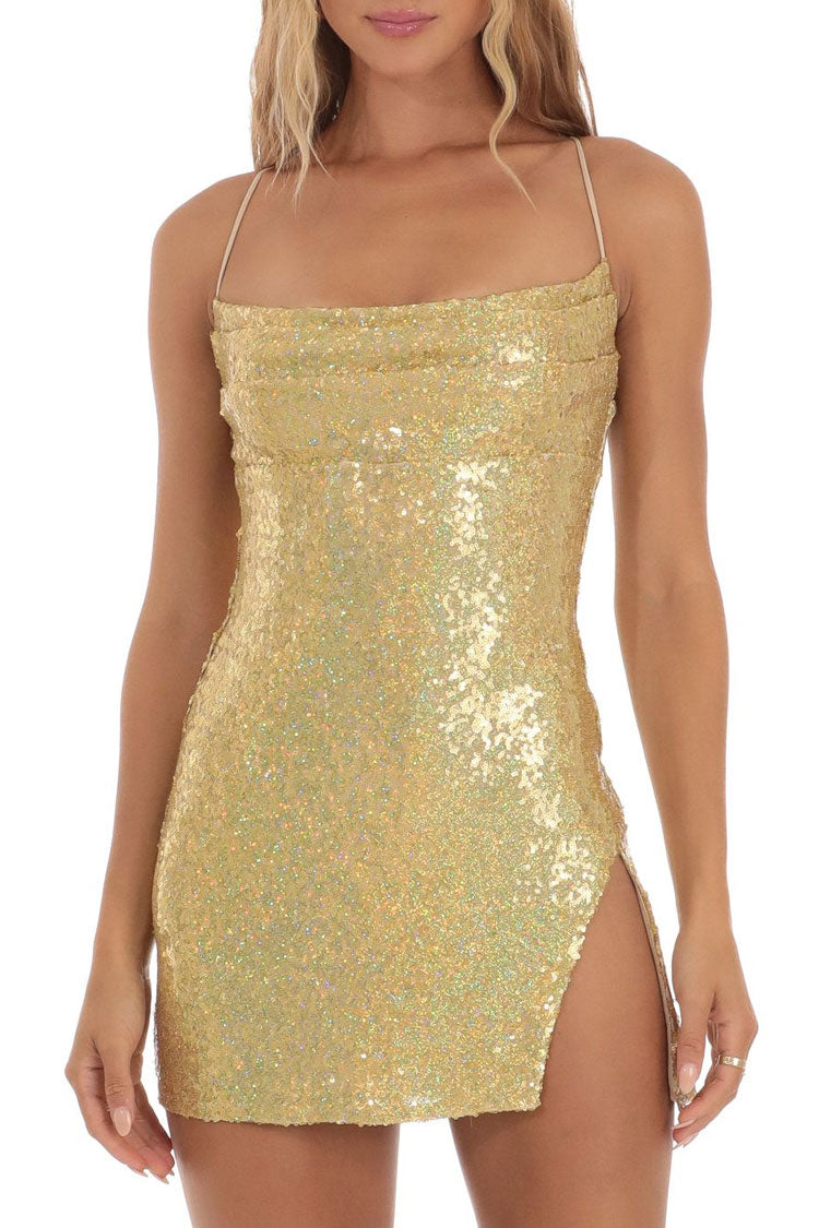 Sequin Square Neck Spaghetti Strap High Split Bodycon Mini Party Dress