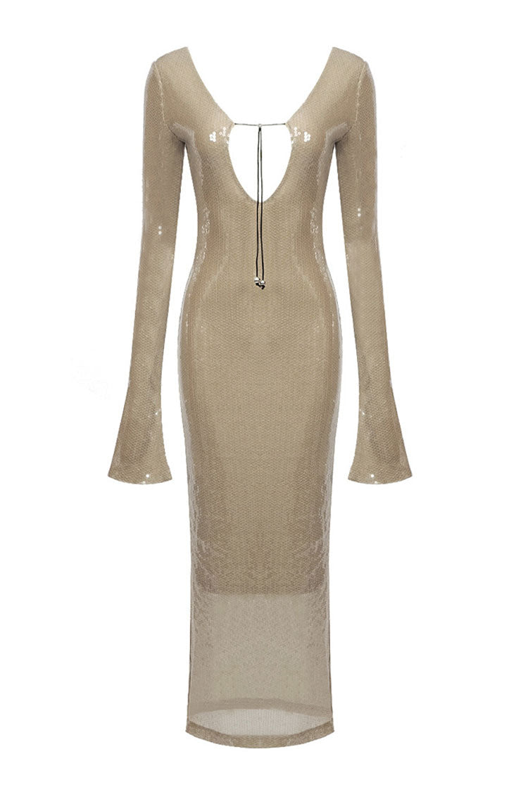 Sparkly Plunge Drawstring Cutout Mesh Sequin Maxi Dress - Nude 4