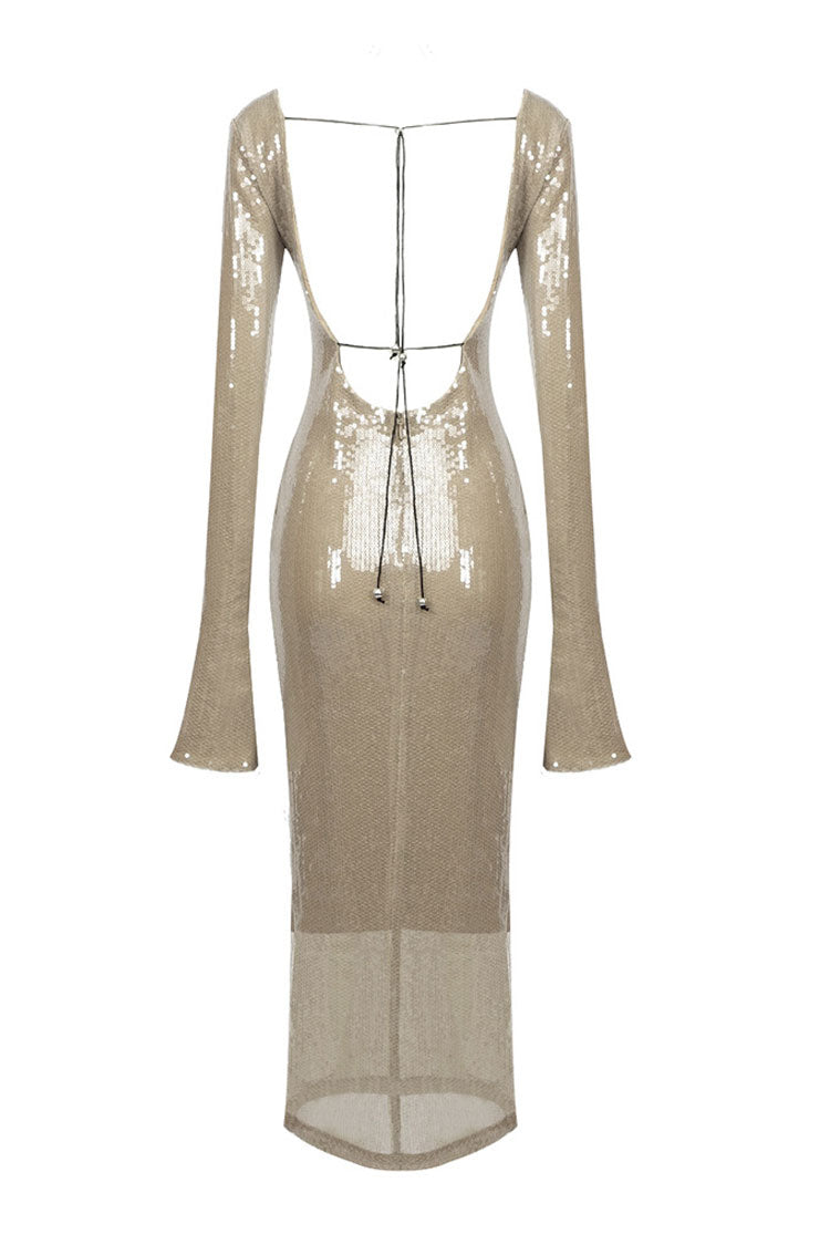 Sparkly Plunge Drawstring Cutout Mesh Sequin Maxi Dress - Nude 5