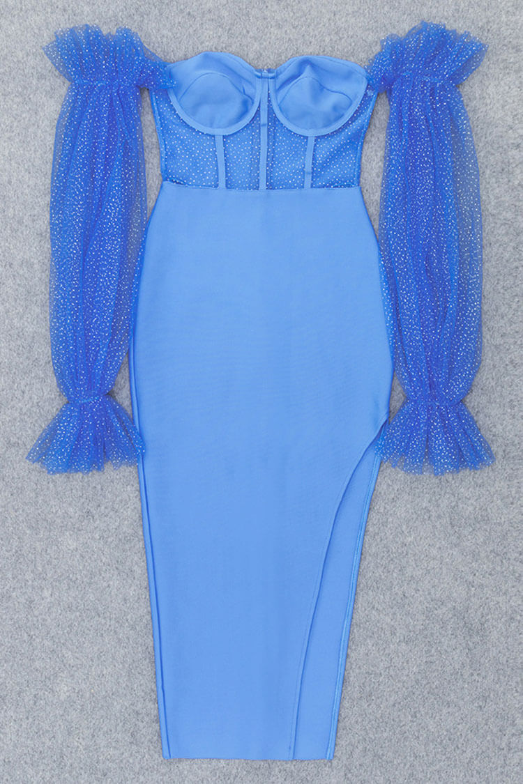 Mesh V-Neck Long Sleeve Corset Bodycon Midi Cocktail Dress - View 4