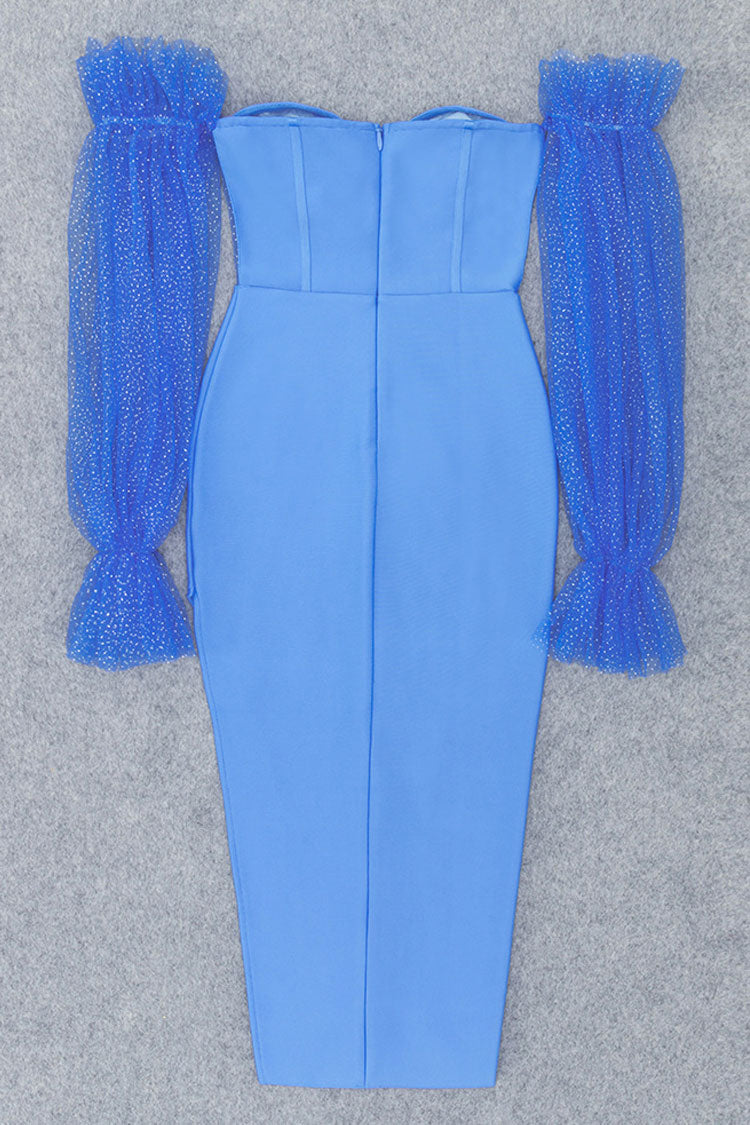 Mesh V-Neck Long Sleeve Corset Bodycon Midi Cocktail Dress - View 5