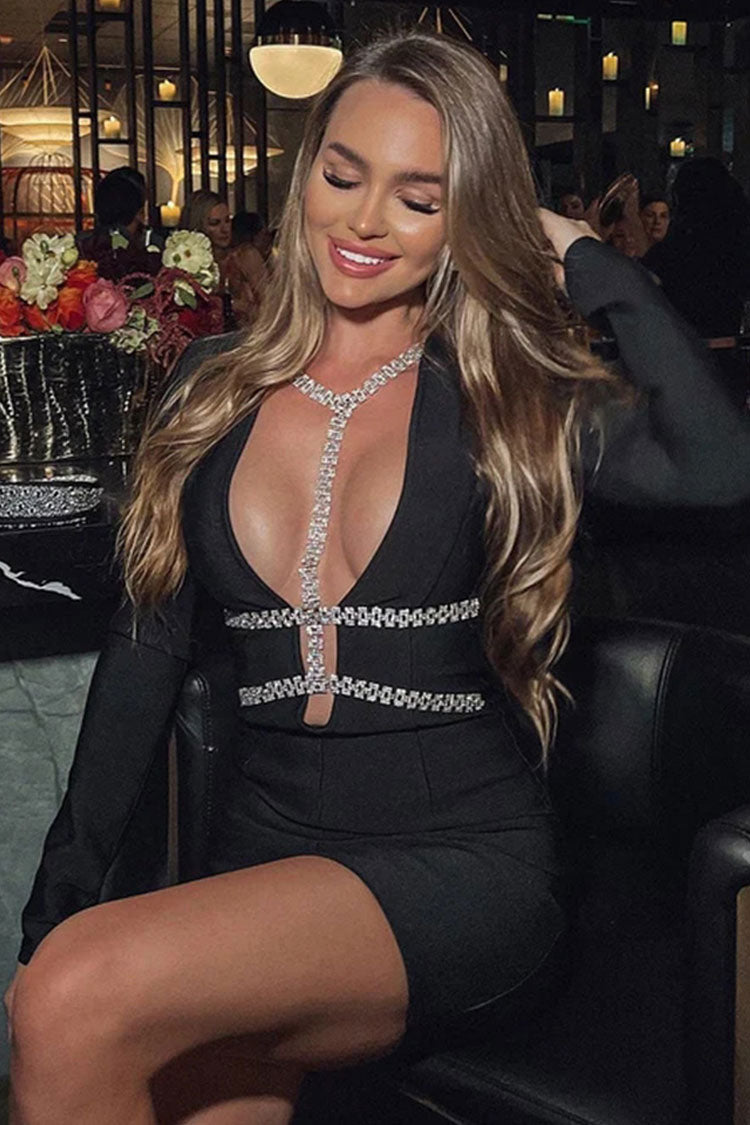 Rhinestone Strap Deep V-Neck Long Sleeve Bandage Mini Cocktail Dress