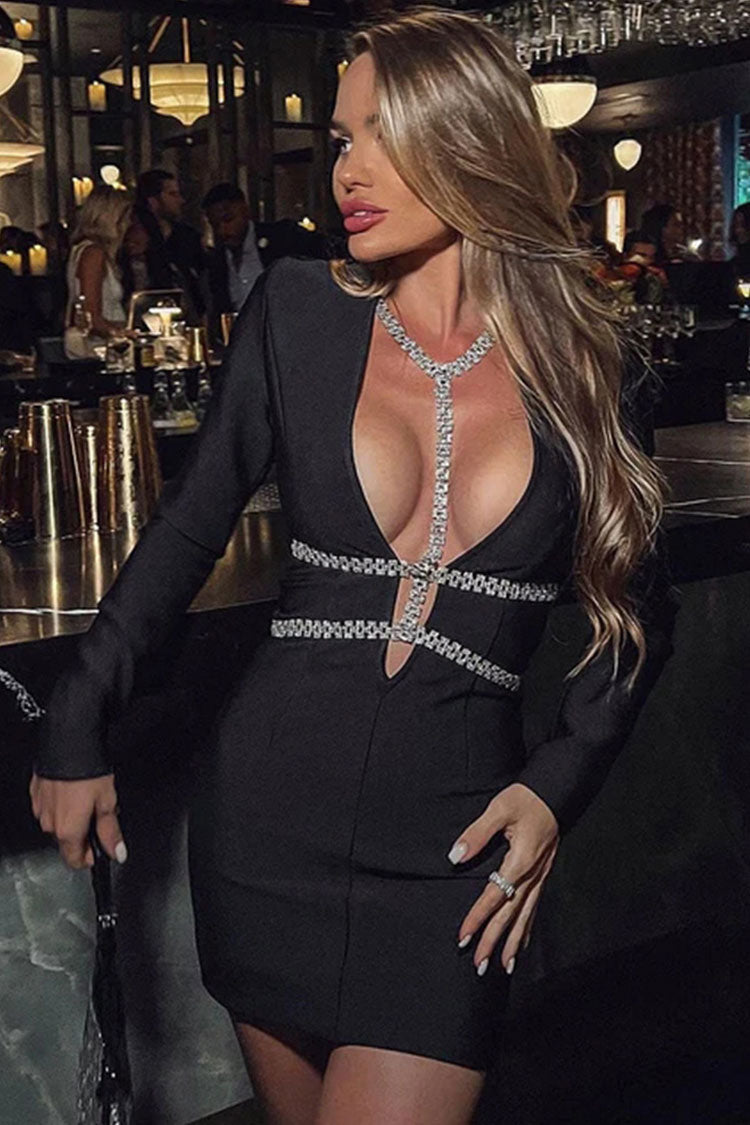 Sparkly Rhinestone Bandage Deep V Cocktail Mini Dress - Black - View 2