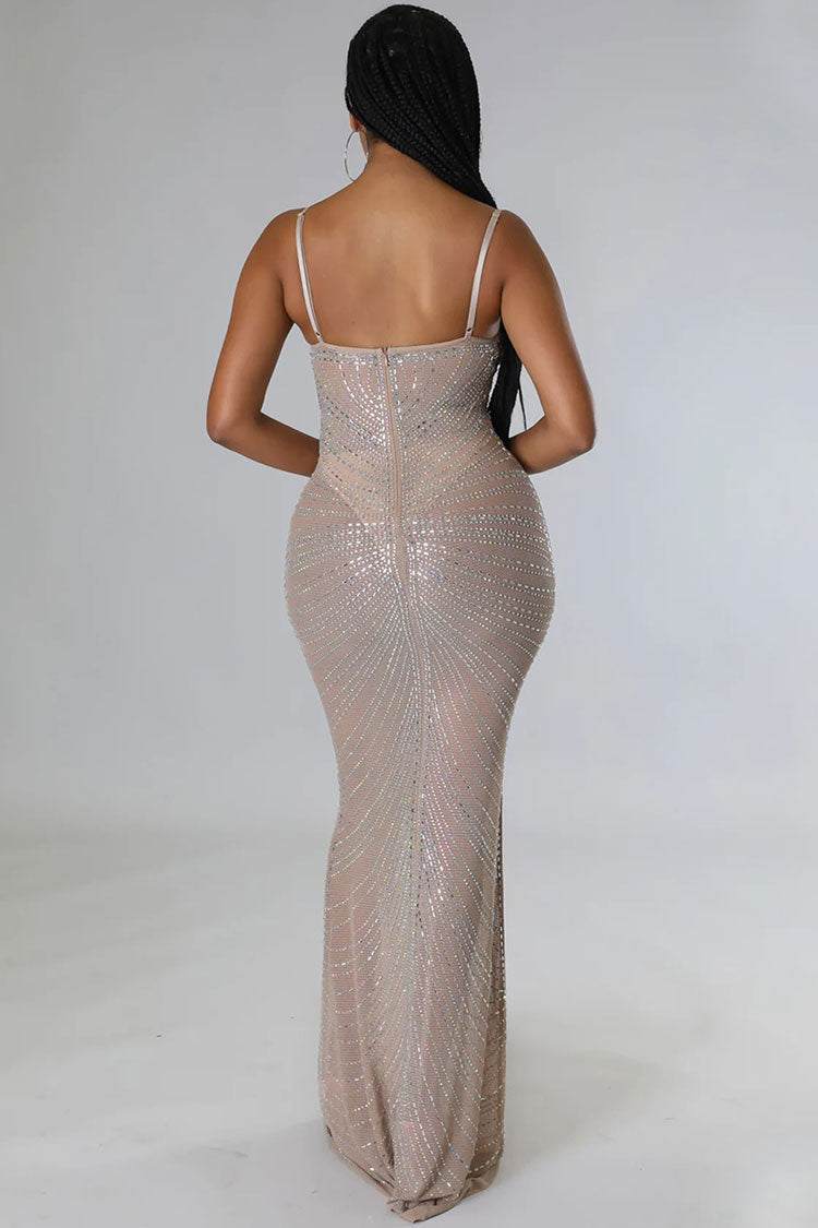 Sparkly Rhinestone Bustier Sheer Mesh Sleeveless Fishtail Evening Maxi Dress - Khaki 4