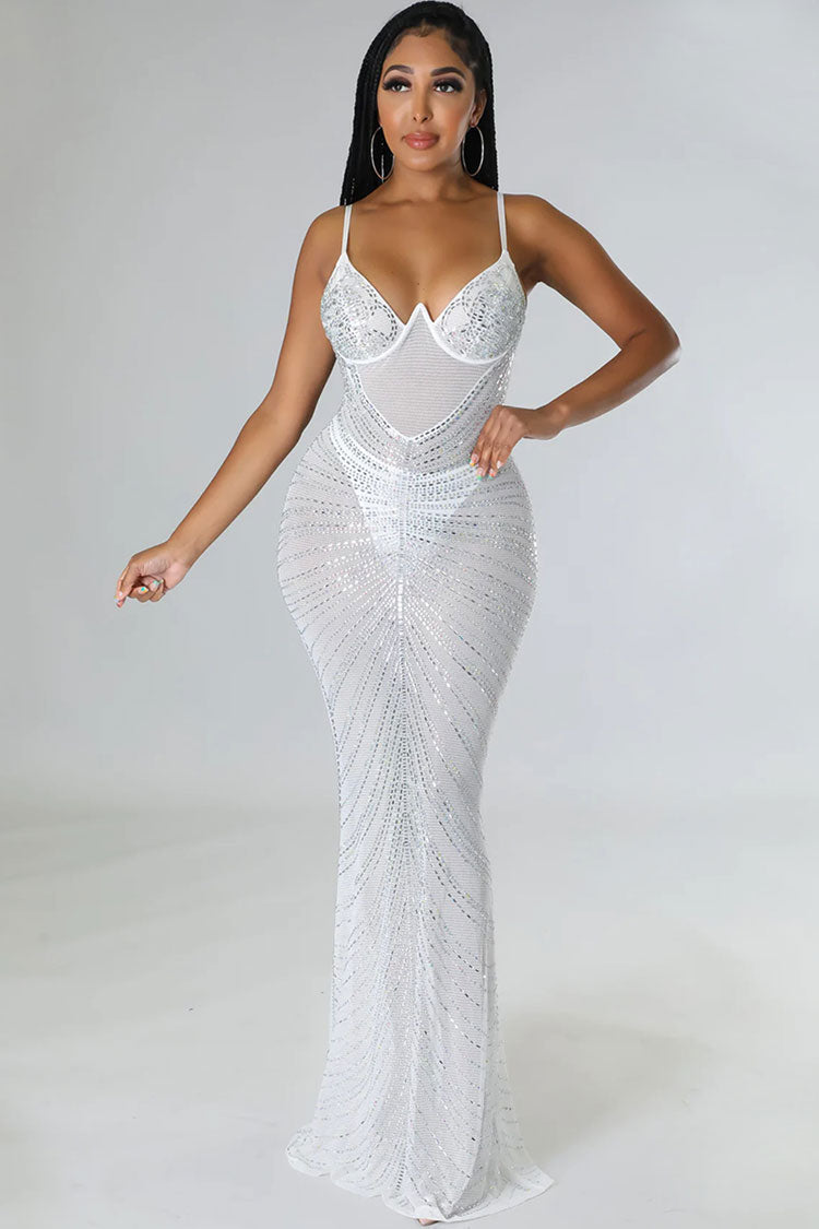 Rhinestone Sheer Mesh Bustier Spaghetti Strap Mermaid Maxi Dress