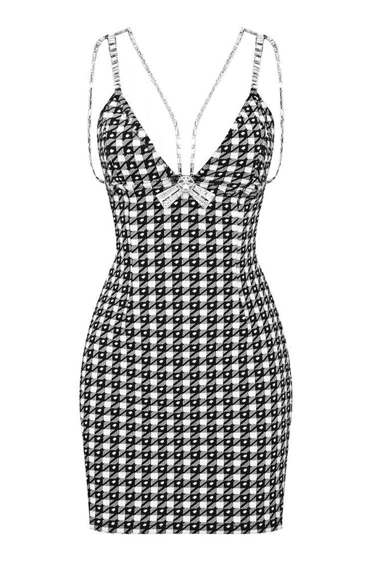 Houndstooth Rhinestone V-Neck Spaghetti Strap Bodycon Mini Dress