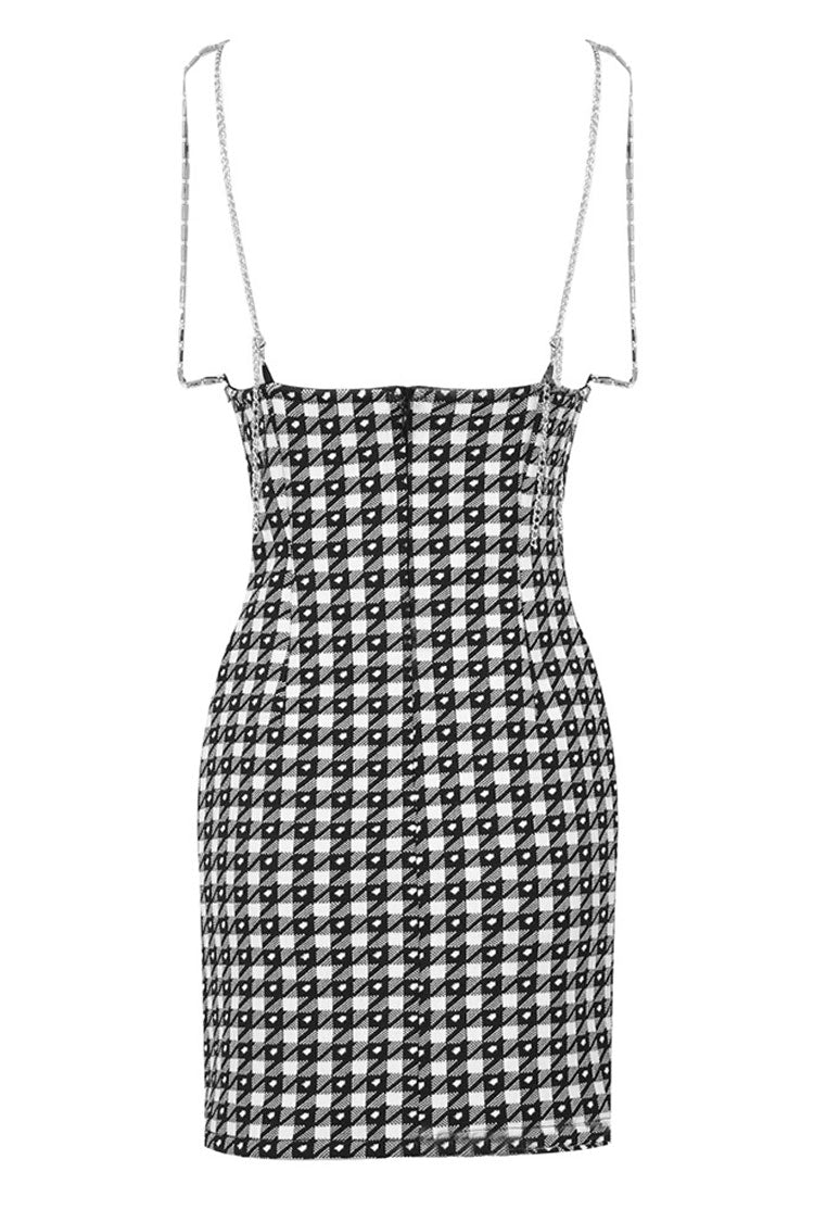 Houndstooth Rhinestone V-Neck Spaghetti Strap Bodycon Mini Dress