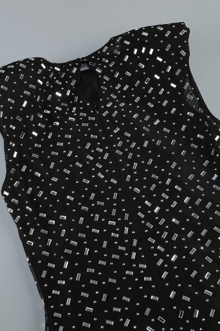 Sparkly Rhinestone Crew Neck Padded Sleeveless Mesh Formal Maxi Dress