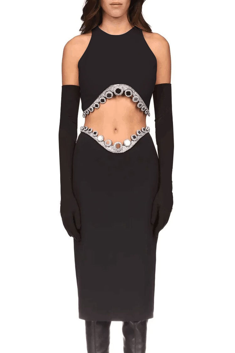 Sparkly Rhinestone Crop Tank Top Drop Waist Midi Skirt Two Piece Dress - Black 7