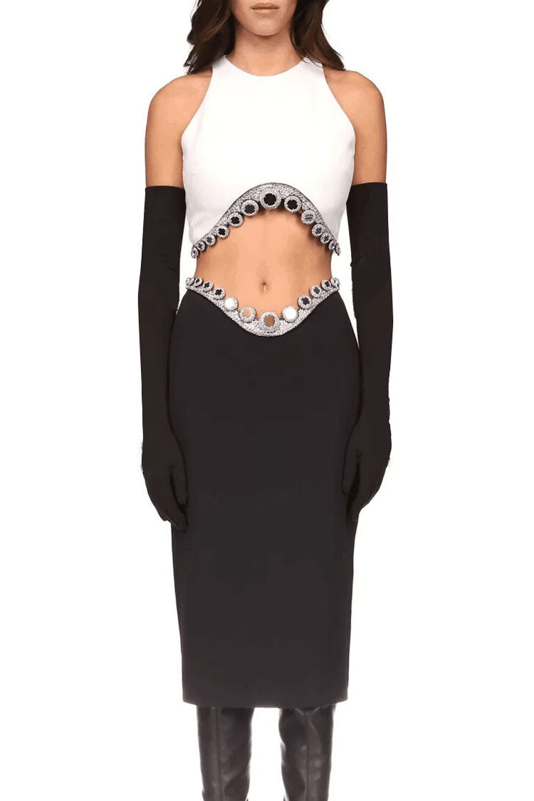 Sparkly Rhinestone Crop Tank Top Drop Waist Midi Skirt Two Piece Dress - White 7