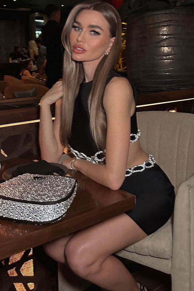 Sparkly Rhinestone Cutout Side Pocket Bandage Sleeveless Party Mini Dress - Black 2