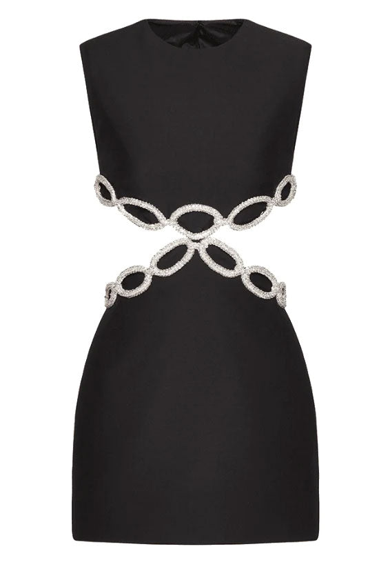Sparkly Rhinestone Cutout Side Pocket Bandage Sleeveless Party Mini Dress - Black 5