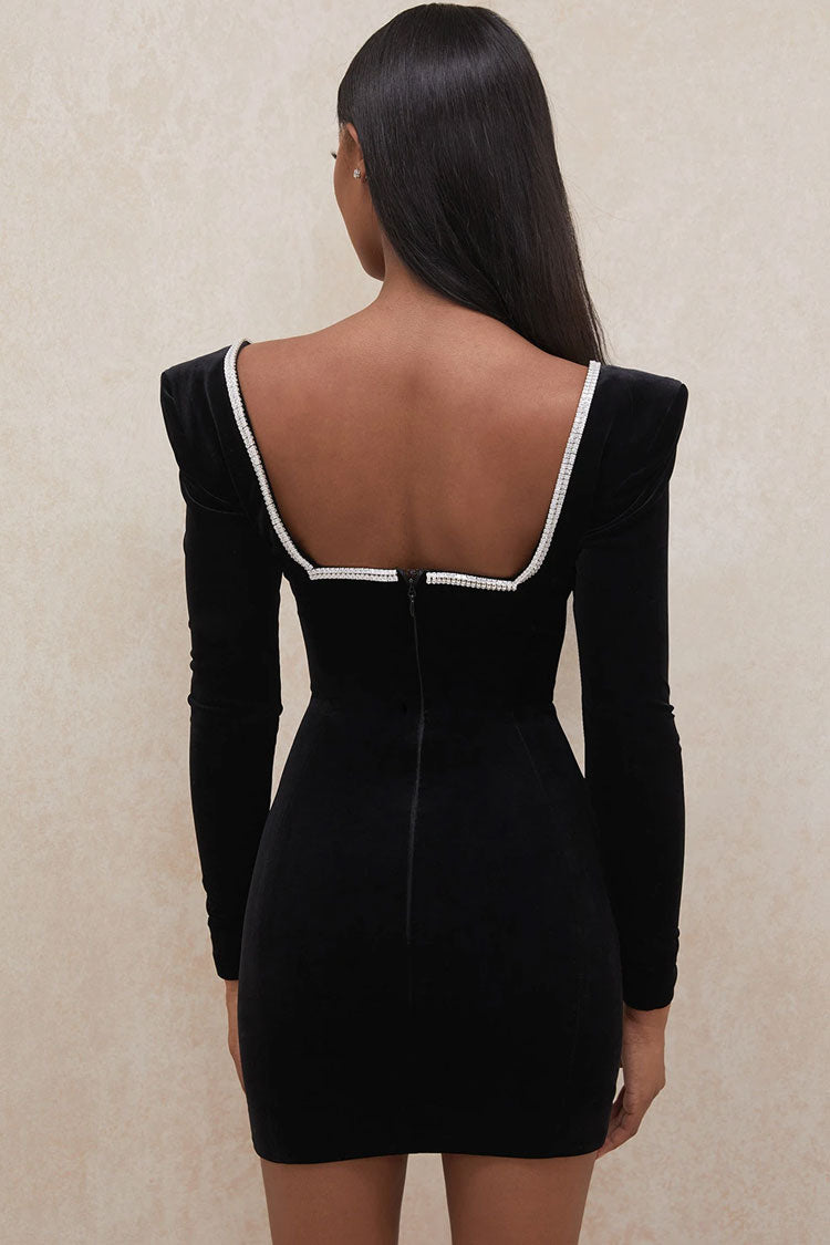 Sparkly Rhinestone Deep V Long Sleeve Velvet Mini Dress - Black - View 3