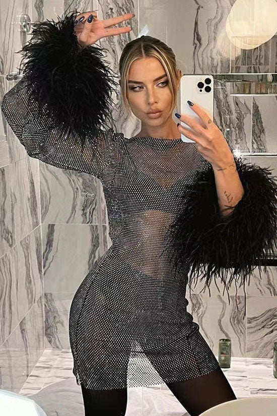 Sparkly Rhinestone Fishnet Feather Sleeve Mini Dress - Black - View 2